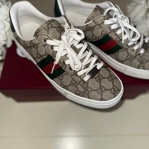 Gucci Beige Monogram Sneakers with Red and Green Accents